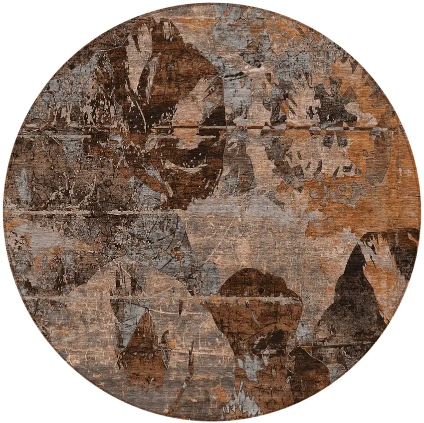 Brown Terracotta and Gray Round Floral Washable Non Skid Indoor Outdoor Area Rug Photo 5