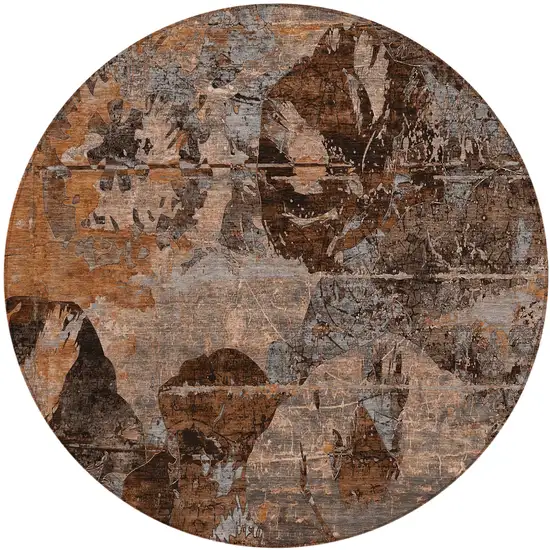 Brown Terracotta and Gray Round Floral Washable Non Skid Indoor Outdoor Area Rug Photo 2