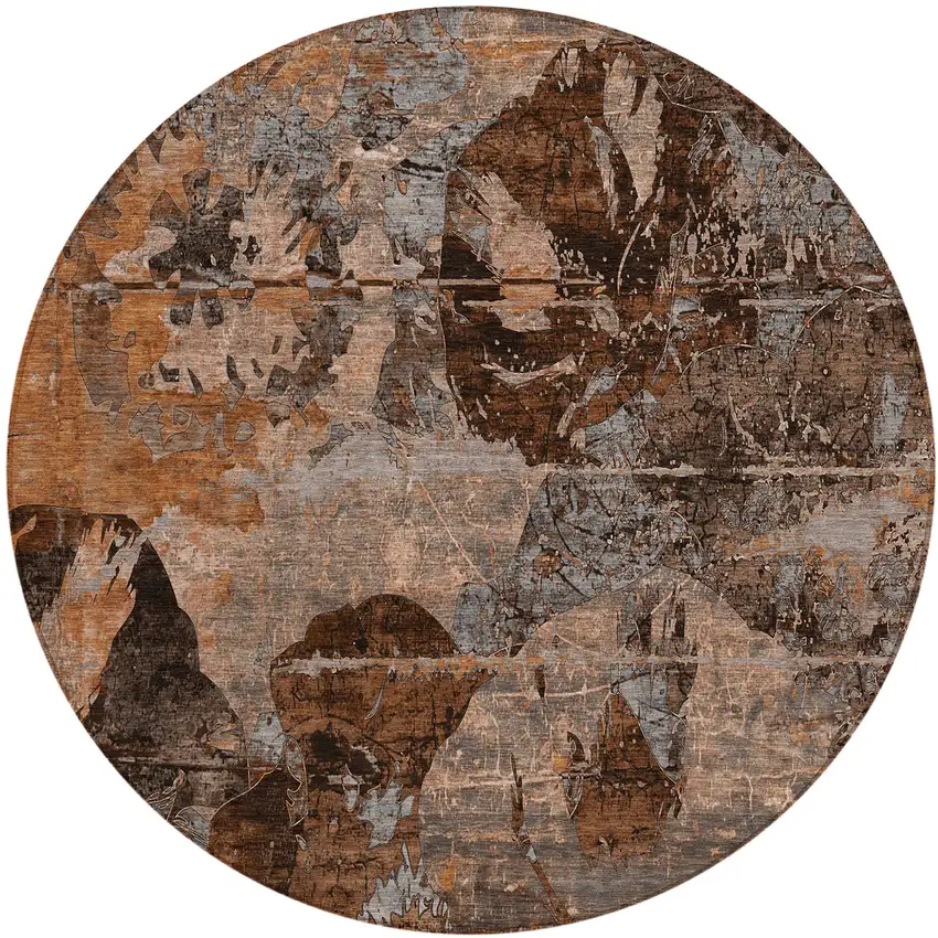 Brown Terracotta and Gray Round Floral Washable Non Skid Indoor Outdoor Area Rug Photo 2