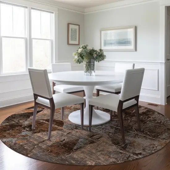Brown Terracotta and Gray Round Floral Washable Non Skid Indoor Outdoor Area Rug Photo 9