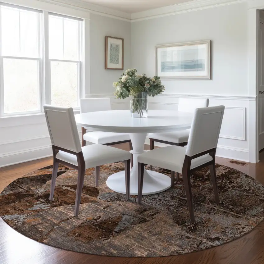 Brown Terracotta and Gray Round Floral Washable Non Skid Indoor Outdoor Area Rug Photo 9