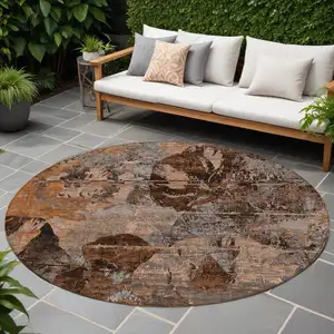 Photo of 8' Round Brown Terracotta and Gray Round Floral Washable Non Skid Indoor Outdoor Area Rug