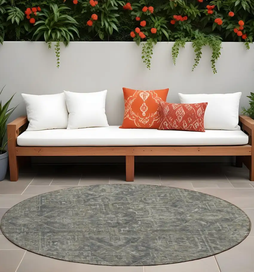 Brown and Black Round Oriental Washable Non Skid Indoor Outdoor Area Rug Photo 1