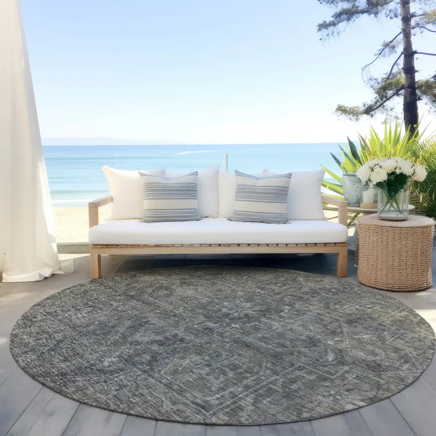 Brown and Black Round Oriental Washable Non Skid Indoor Outdoor Area Rug Photo 8
