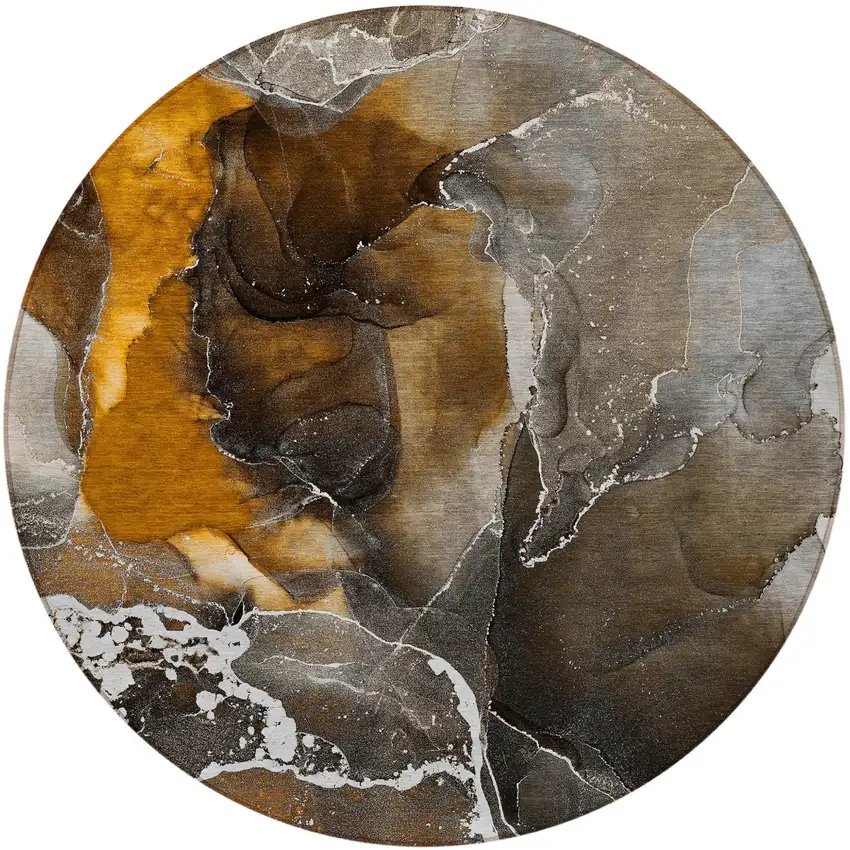 Brown and Gray Round Abstract Washable Non Skid Indoor Outdoor Area Rug Photo 4