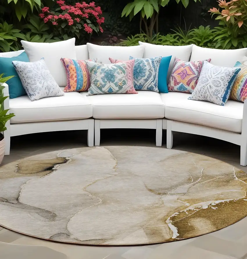 Beige and Brown Round Abstract Washable Indoor Outdoor Area Rug Photo 1