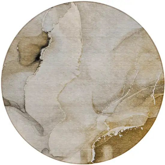Beige and Brown Round Abstract Washable Indoor Outdoor Area Rug Photo 2