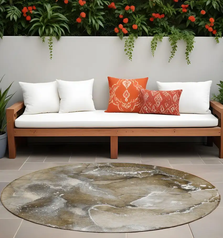 Brown and Gray Round Abstract Washable Non Skid Indoor Outdoor Area Rug Photo 1