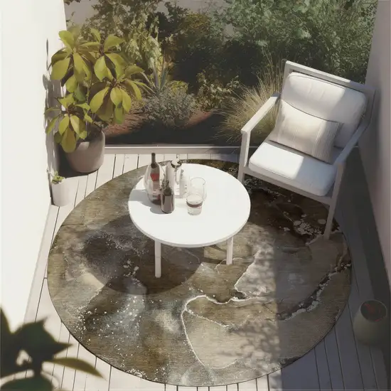 8' Round Brown and Gray Round Abstract Washable Non Skid Indoor Outdoor Area Rug Photo 8