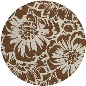 Photo of 8' Round Brown and Ivory Round Floral Washable Non Skid Indoor Outdoor Area Rug