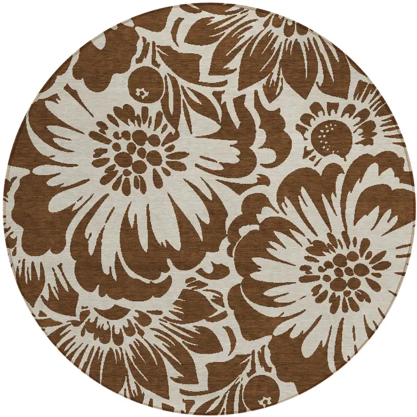 Brown and Ivory Round Floral Washable Non Skid Indoor Outdoor Area Rug Photo 2