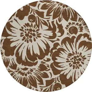 Photo of 8' Round Brown and Ivory Round Floral Washable Non Skid Indoor Outdoor Area Rug