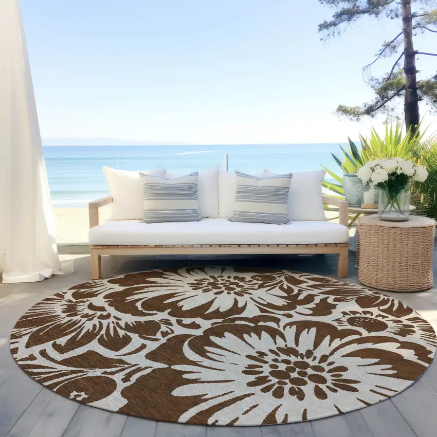 Brown and Ivory Round Floral Washable Non Skid Indoor Outdoor Area Rug Photo 8