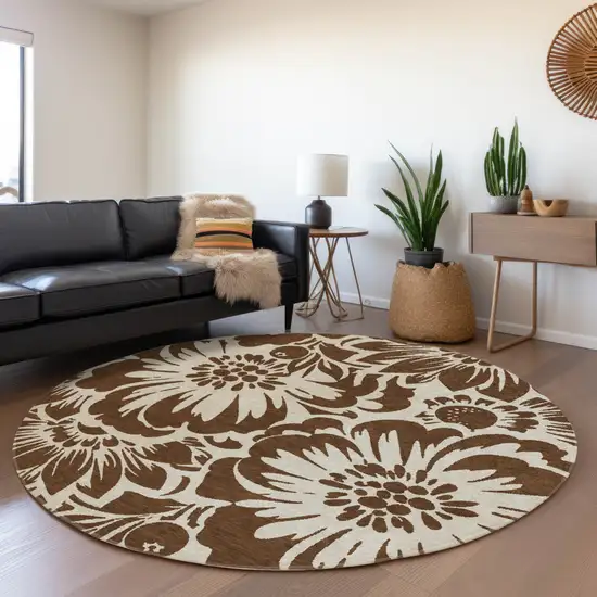 Brown and Ivory Round Floral Washable Non Skid Indoor Outdoor Area Rug Photo 9