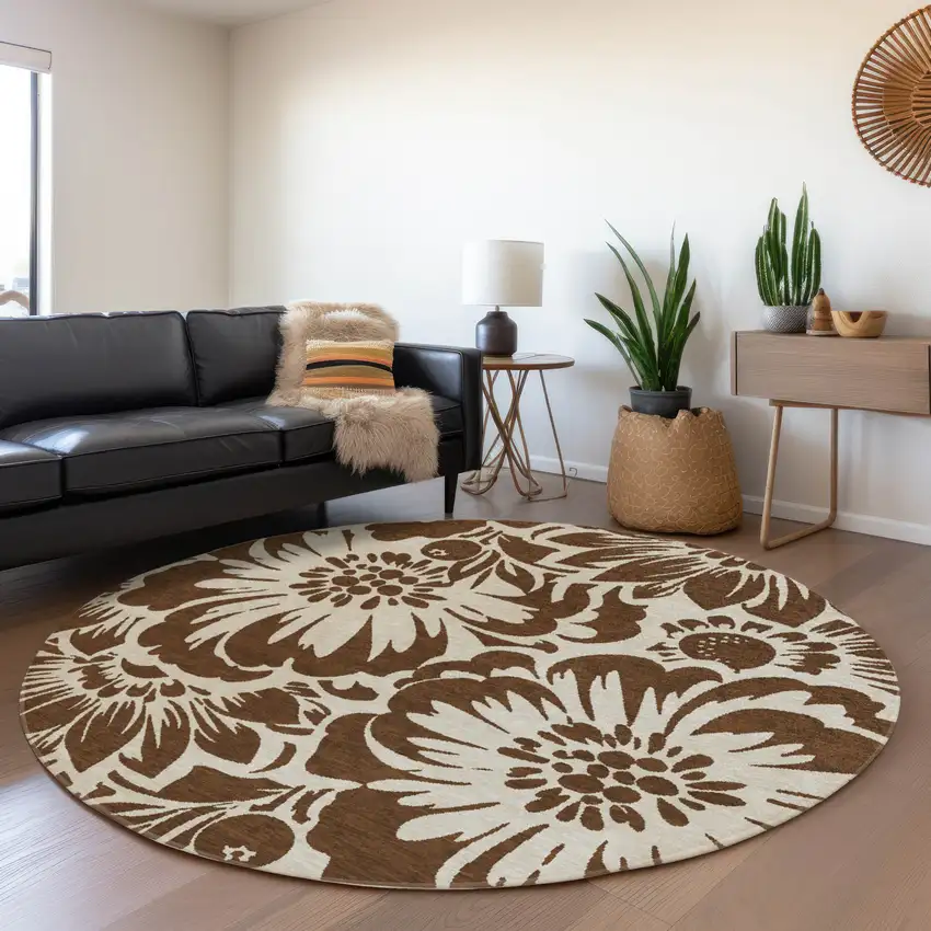 Brown and Ivory Round Floral Washable Non Skid Indoor Outdoor Area Rug Photo 9