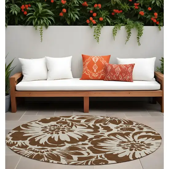 Brown and Ivory Round Floral Washable Non Skid Indoor Outdoor Area Rug Photo 1