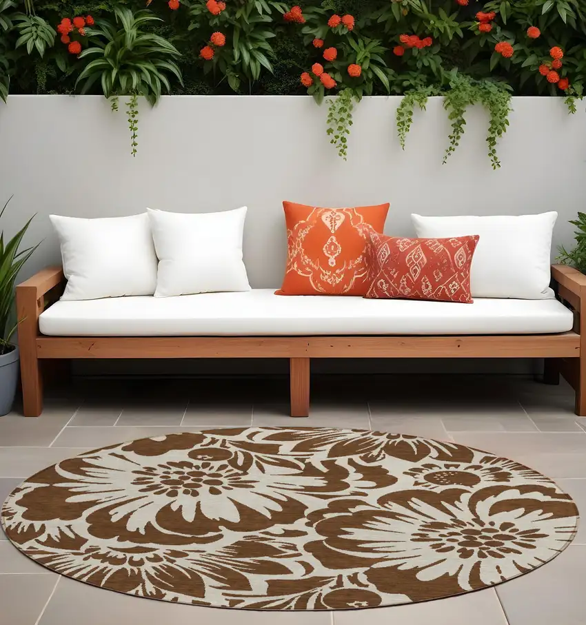 Brown and Ivory Round Floral Washable Non Skid Indoor Outdoor Area Rug Photo 1