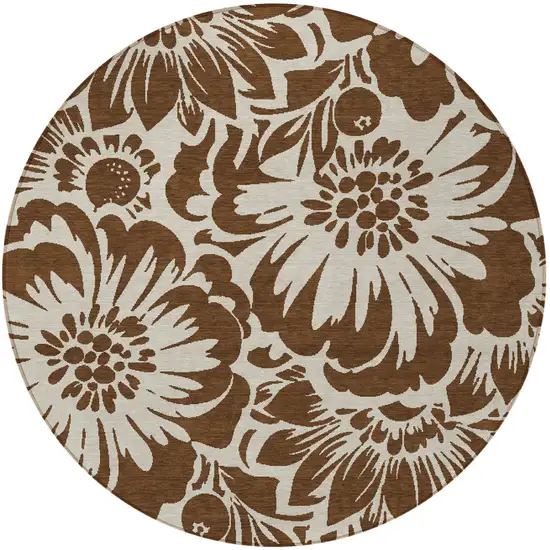 Brown and Ivory Round Floral Washable Non Skid Indoor Outdoor Area Rug Photo 5
