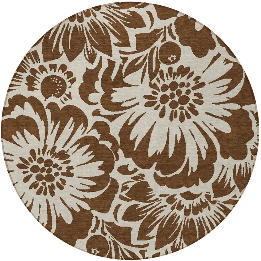 Brown and Ivory Round Floral Washable Non Skid Indoor Outdoor Area Rug Photo 5