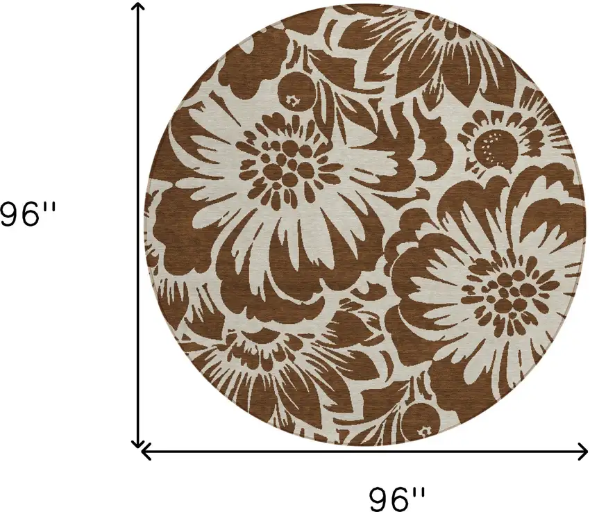 Brown and Ivory Round Floral Washable Non Skid Indoor Outdoor Area Rug Photo 3