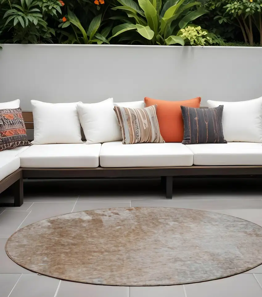 Brown and Off White Round Abstract Washable Non Skid Indoor Outdoor Area Rug Photo 1