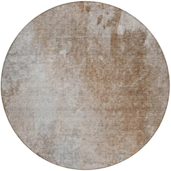 Brown and Off White Round Abstract Washable Non Skid Indoor Outdoor Area Rug Photo 4