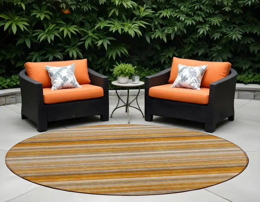 Brown and Orange Round Striped Washable Non Skid Indoor Outdoor Area Rug Photo 1