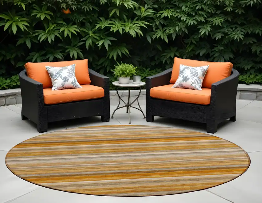 Brown and Orange Round Striped Washable Non Skid Indoor Outdoor Area Rug Photo 1