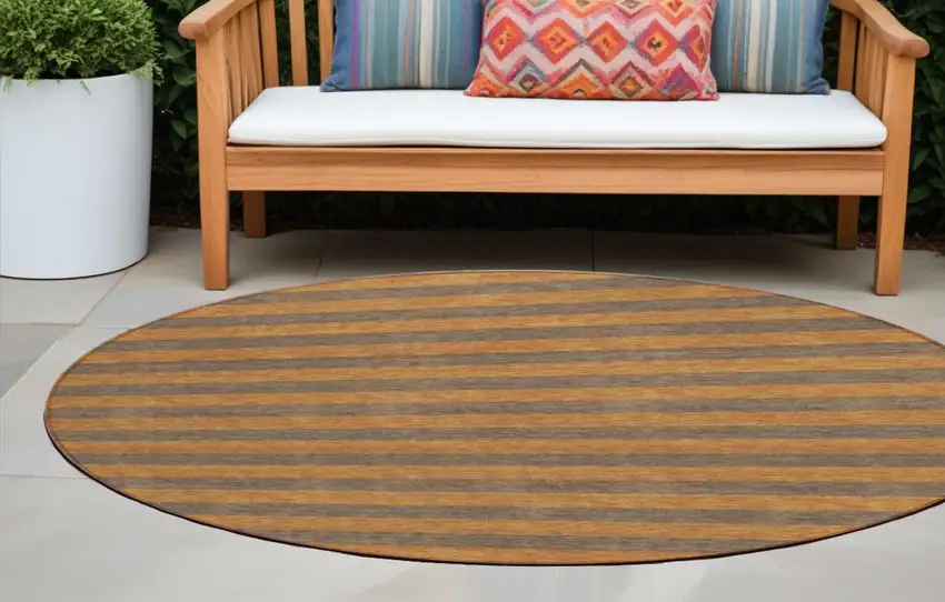 Brown and Tan Round Striped Washable Non Skid Indoor Outdoor Area Rug Photo 1