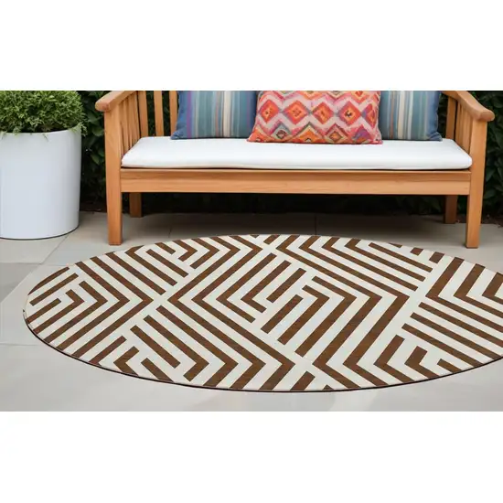 Brown and White Round Geometric Washable Non Skid Indoor Outdoor Area Rug Photo 1