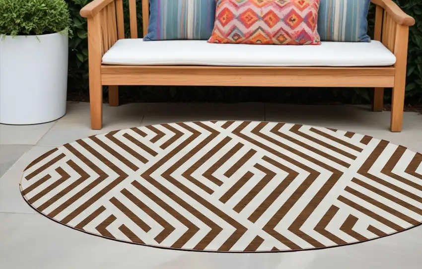 Brown and White Round Geometric Washable Non Skid Indoor Outdoor Area Rug Photo 1