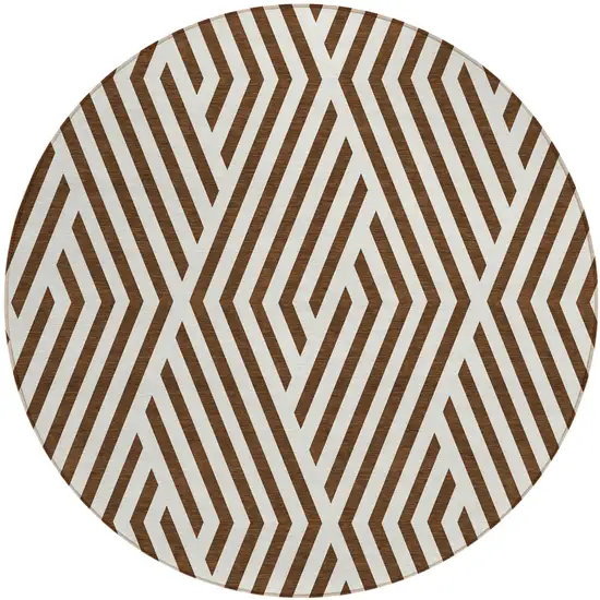 8' Round Brown and White Round Geometric Washable Non Skid Indoor Outdoor Area Rug Photo 2