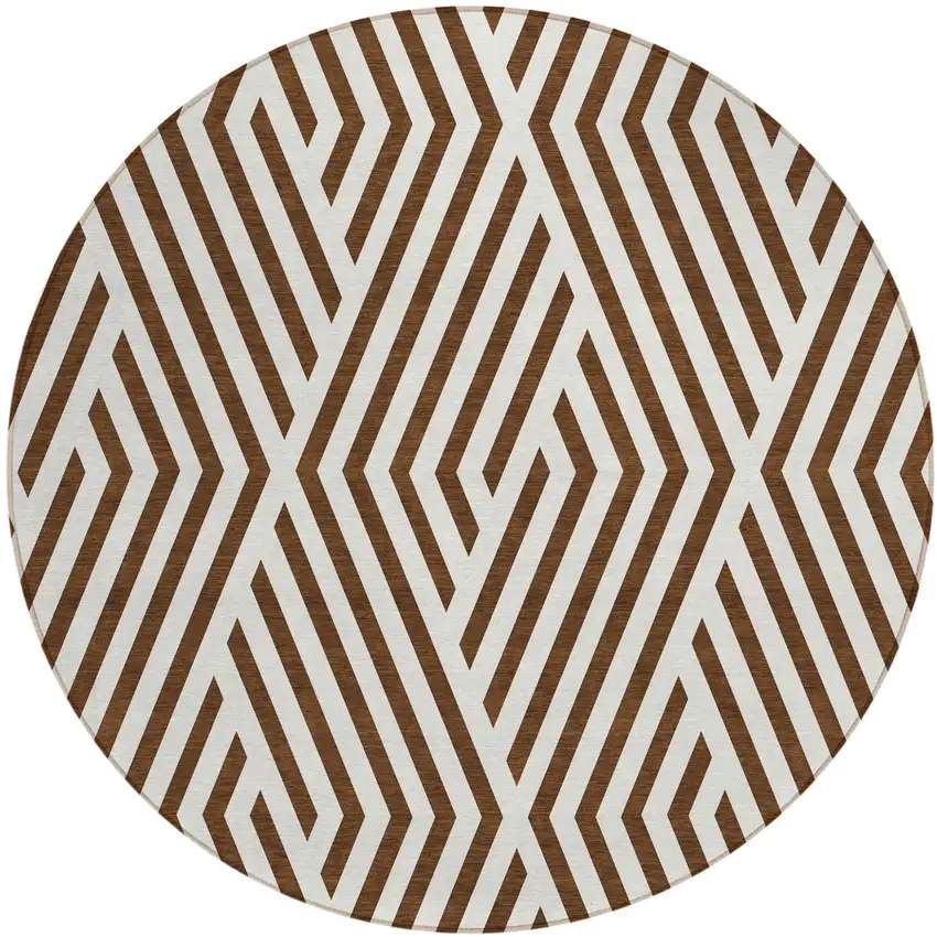 8' Round Brown and White Round Geometric Washable Non Skid Indoor Outdoor Area Rug Photo 2