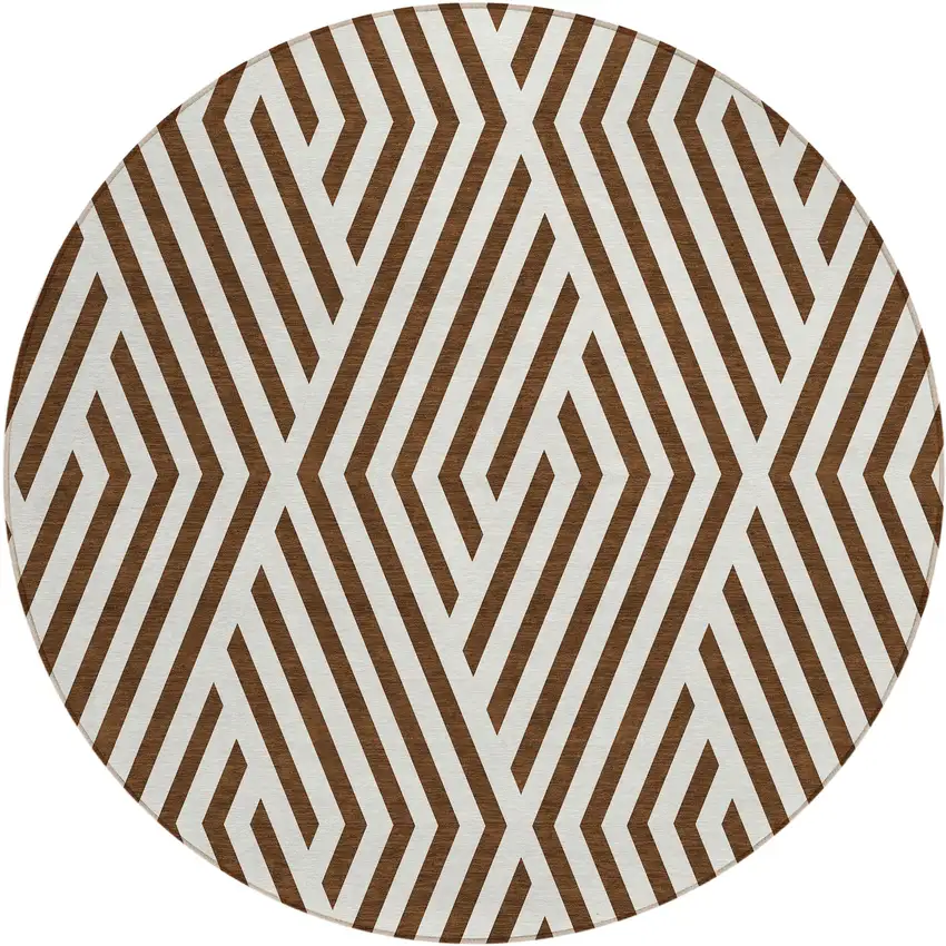 8' Round Brown and White Round Geometric Washable Non Skid Indoor Outdoor Area Rug Photo 2