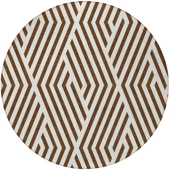 8' Round Brown and White Round Geometric Washable Non Skid Indoor Outdoor Area Rug Photo 5