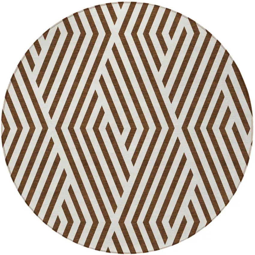 8' Round Brown and White Round Geometric Washable Non Skid Indoor Outdoor Area Rug Photo 5