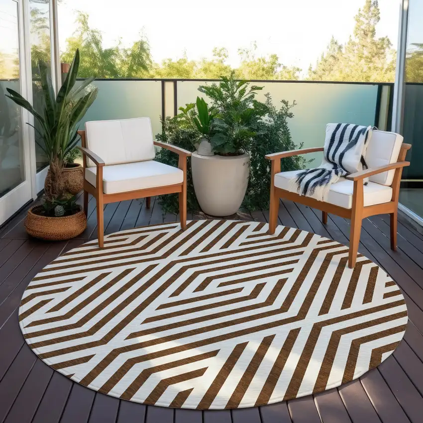 Brown and White Round Geometric Washable Non Skid Indoor Outdoor Area Rug Photo 8