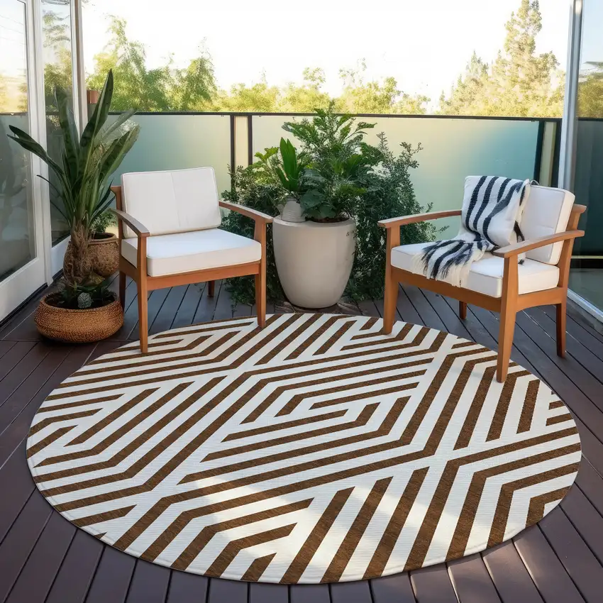 Brown and White Round Geometric Washable Non Skid Indoor Outdoor Area Rug Photo 8
