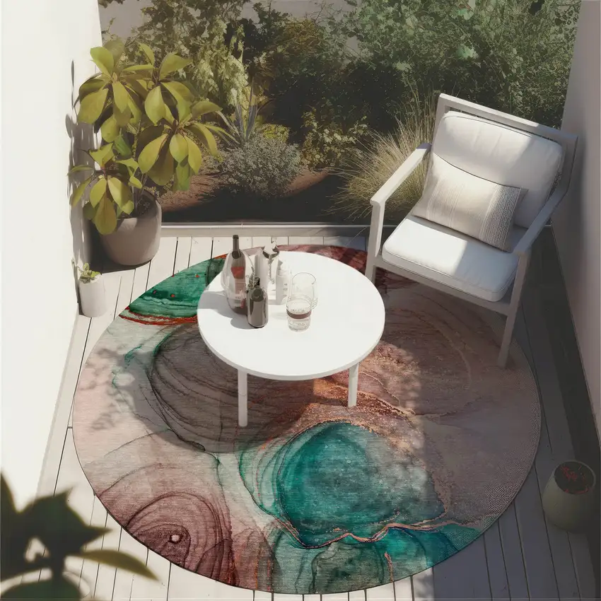 8' Round Burgundy Round Abstract Washable Non Skid Indoor Outdoor Area Rug Photo 8