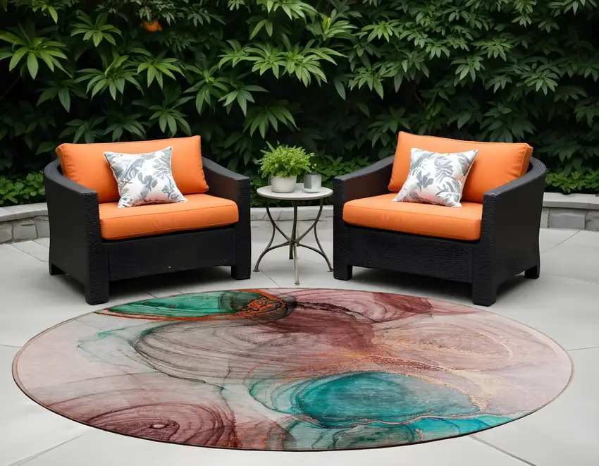 8' Round Burgundy Round Abstract Washable Non Skid Indoor Outdoor Area Rug Photo 1