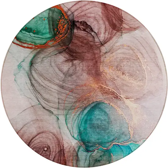 Burgundy Round Abstract Washable Non Skid Indoor Outdoor Area Rug Photo 2