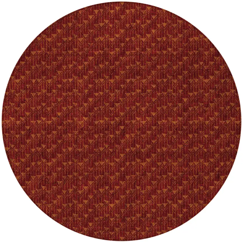 8' Round Burgundy Round Geometric Washable Non Skid Indoor Outdoor Area Rug Photo 4