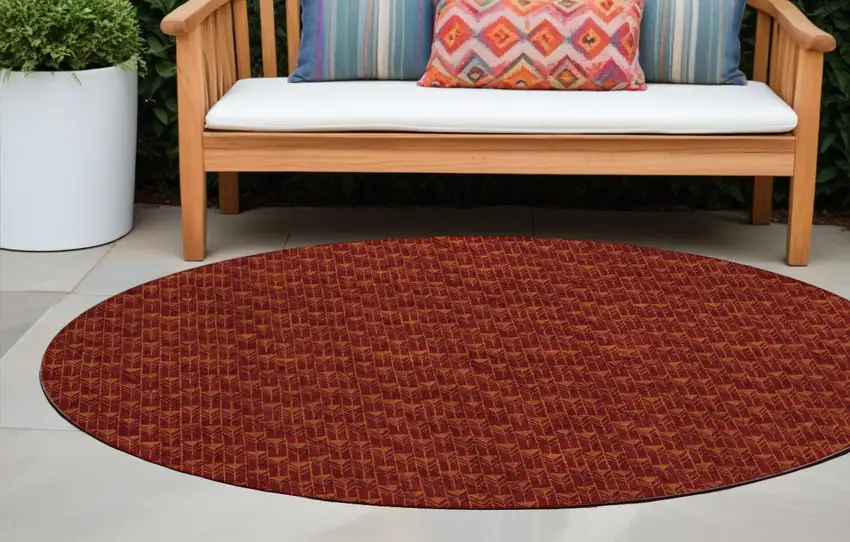 8' Round Burgundy Round Geometric Washable Non Skid Indoor Outdoor Area Rug Photo 1
