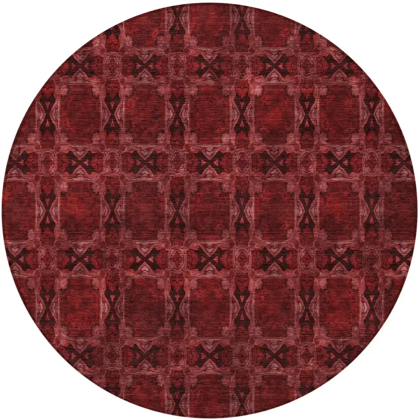 8' Round Burgundy and Black Round Floral Medallion Washable Non Skid Indoor Outdoor Area Rug Photo 5