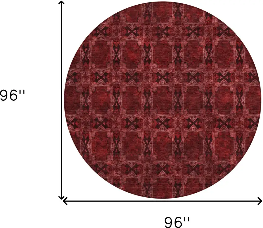 8' Round Burgundy and Black Round Floral Medallion Washable Non Skid Indoor Outdoor Area Rug Photo 3