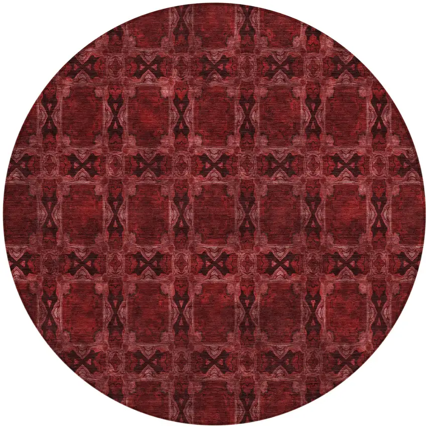 Burgundy and Black Round Floral Medallion Washable Non Skid Indoor Outdoor Area Rug Photo 2