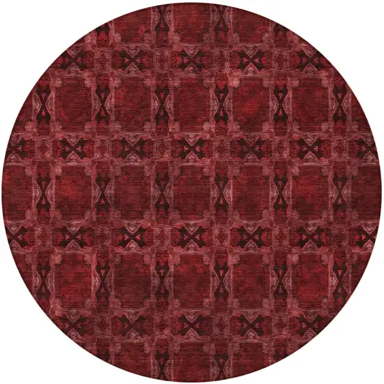 8' Round Burgundy and Black Round Floral Medallion Washable Non Skid Indoor Outdoor Area Rug Photo 4
