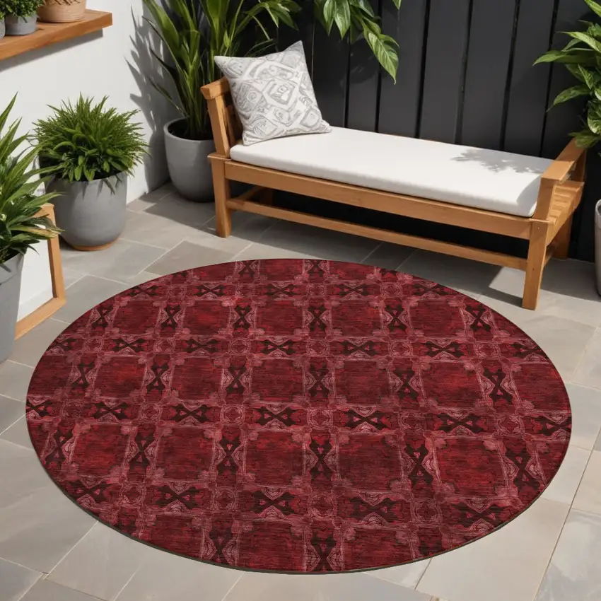 Burgundy and Black Round Floral Medallion Washable Non Skid Indoor Outdoor Area Rug Photo 1