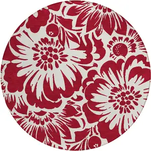 Photo of 8' Round Burgundy and White Round Floral Washable Non Skid Indoor Outdoor Area Rug
