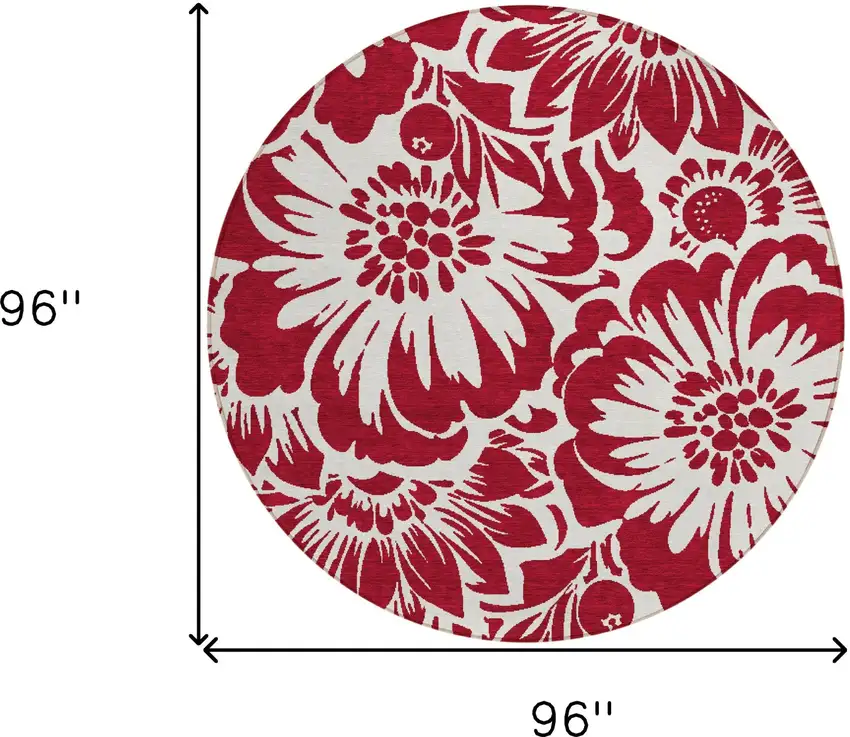 Burgundy and White Round Floral Washable Non Skid Indoor Outdoor Area Rug Photo 3